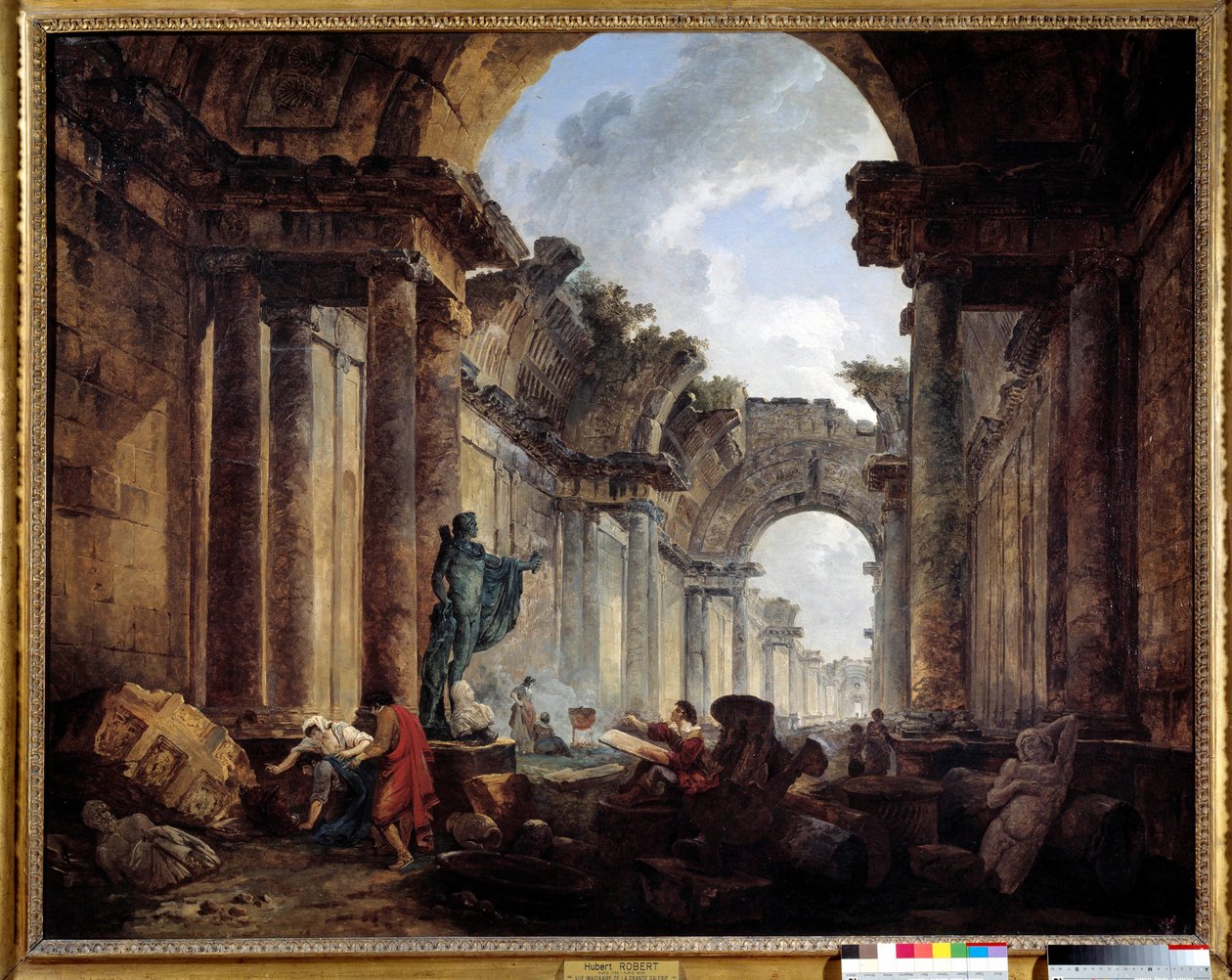 Hubert Robert (1733-1808) 作画的废墟中卢浮宫大画廊的想象图。 1,14x1,46 米。 作者 休伯特·罗伯特