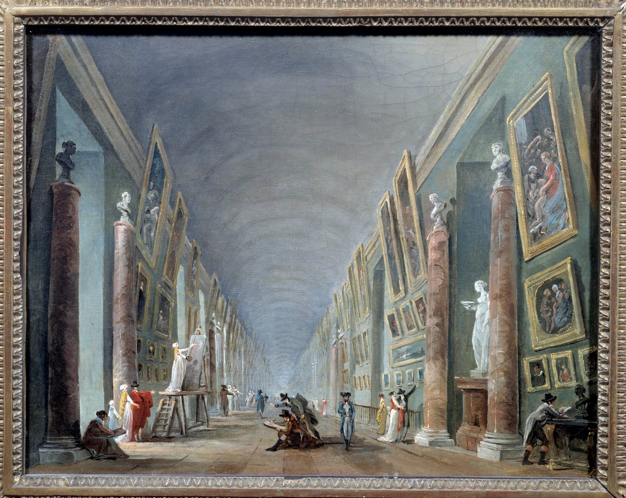 La Grande galerie du Louvre 1801 年至 1805 年间 Hubert Robert (1733-1808) 作画 0,37 x 0,46 巴黎卢浮宫博物馆 - 1801 年至 1805 年间的卢浮宫大礼堂。 Hubert Robert (1733-1808) 的画作，0.37 x 0.46。 巴黎卢浮宫博物馆 作者 休伯特·罗伯特