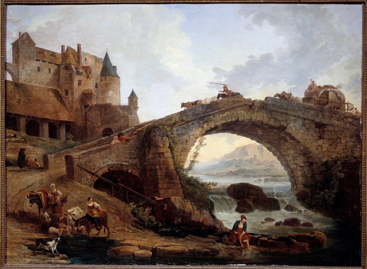 休伯特·罗伯特 (Hubert Robert) (1733-1808) 1776 年创作的《带桥的风景》 0,76x1,04 m 蒙彼利埃法布尔博物馆 作者 休伯特·罗伯特