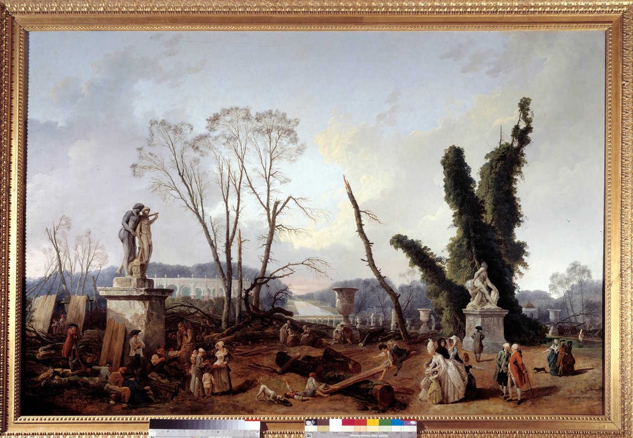 Le Carpet Vert at the time of the cutting of trees in the winter of 1774-1775 in the gardens of Versailles (in the foreground, King Louis XVI and Queen Marie-Antoinette). The green carpet is also called the royal allee. Painting by Hubert Robert (1733-1808 作者 休伯特·罗伯特