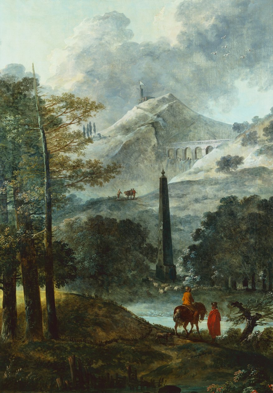 带方尖碑的山区风景（布面油画） 作者 休伯特·罗伯特