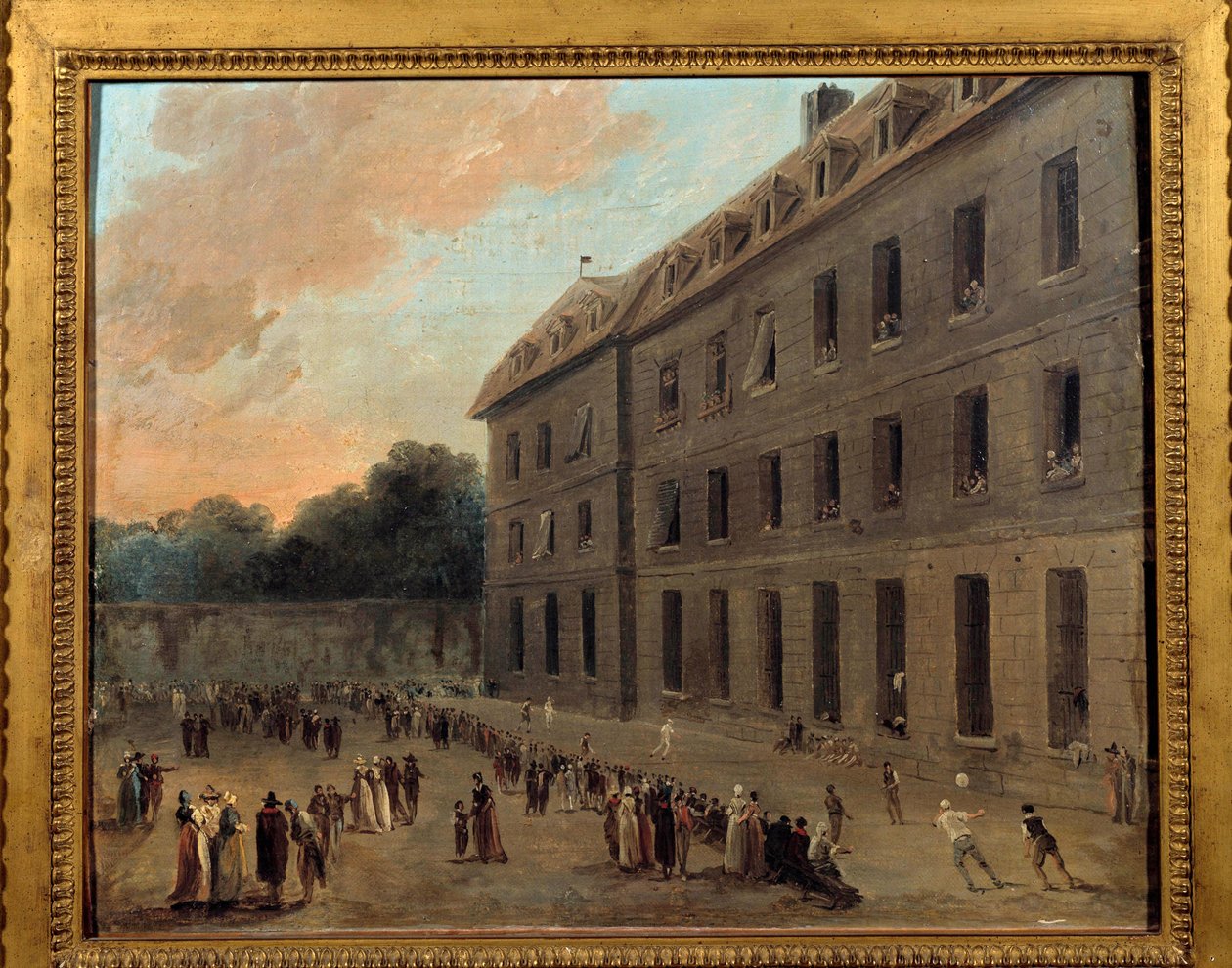 圣拉扎尔囚犯的娱乐活动：气球部分 画作 Hubert Robert (1733-1808) 1794 年 0,33x0,41 m 巴黎，卡纳瓦莱博物馆 作者 休伯特·罗伯特