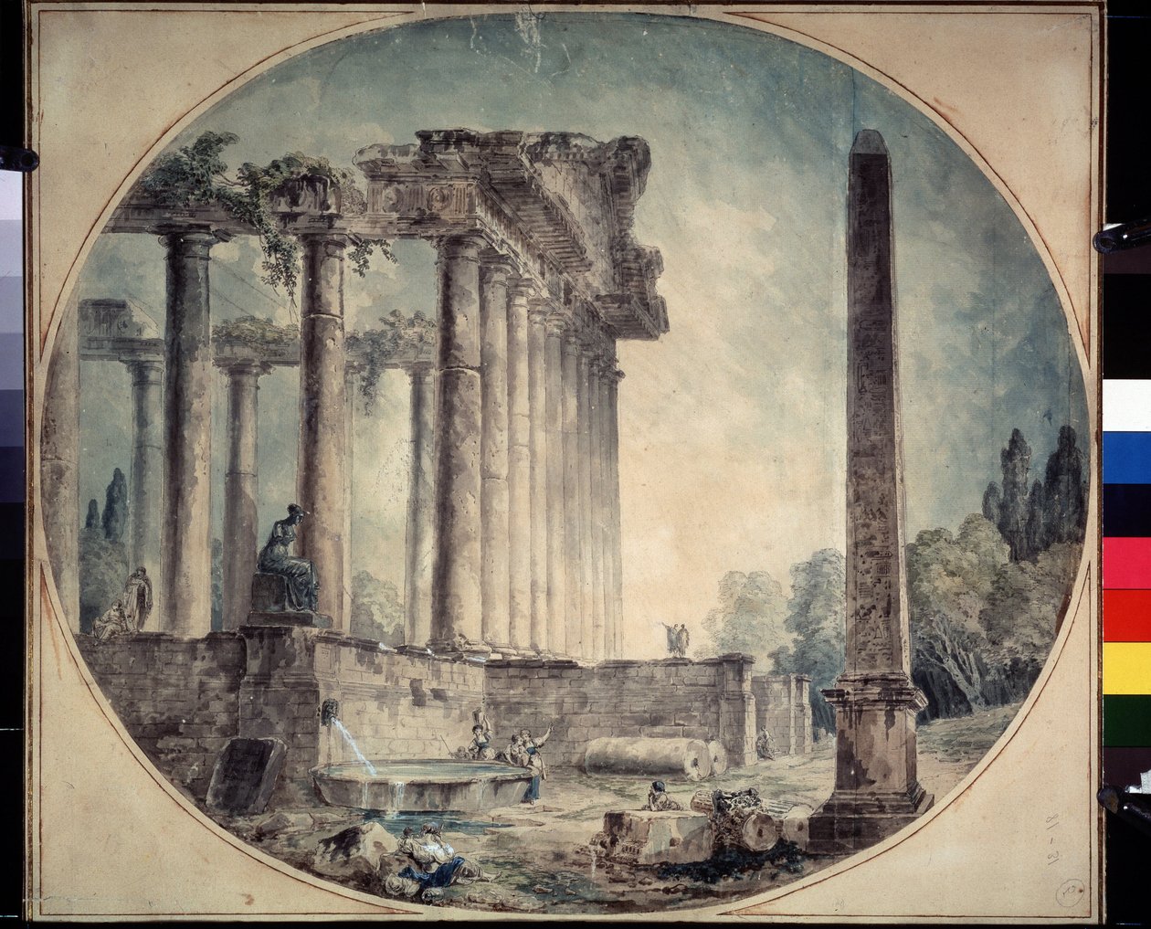 "古迹和方尖碑" 休伯特-罗伯特（1733-1808 年）水彩画 1776 年 俄罗斯莫斯科普希金美术博物馆 作者 休伯特·罗伯特