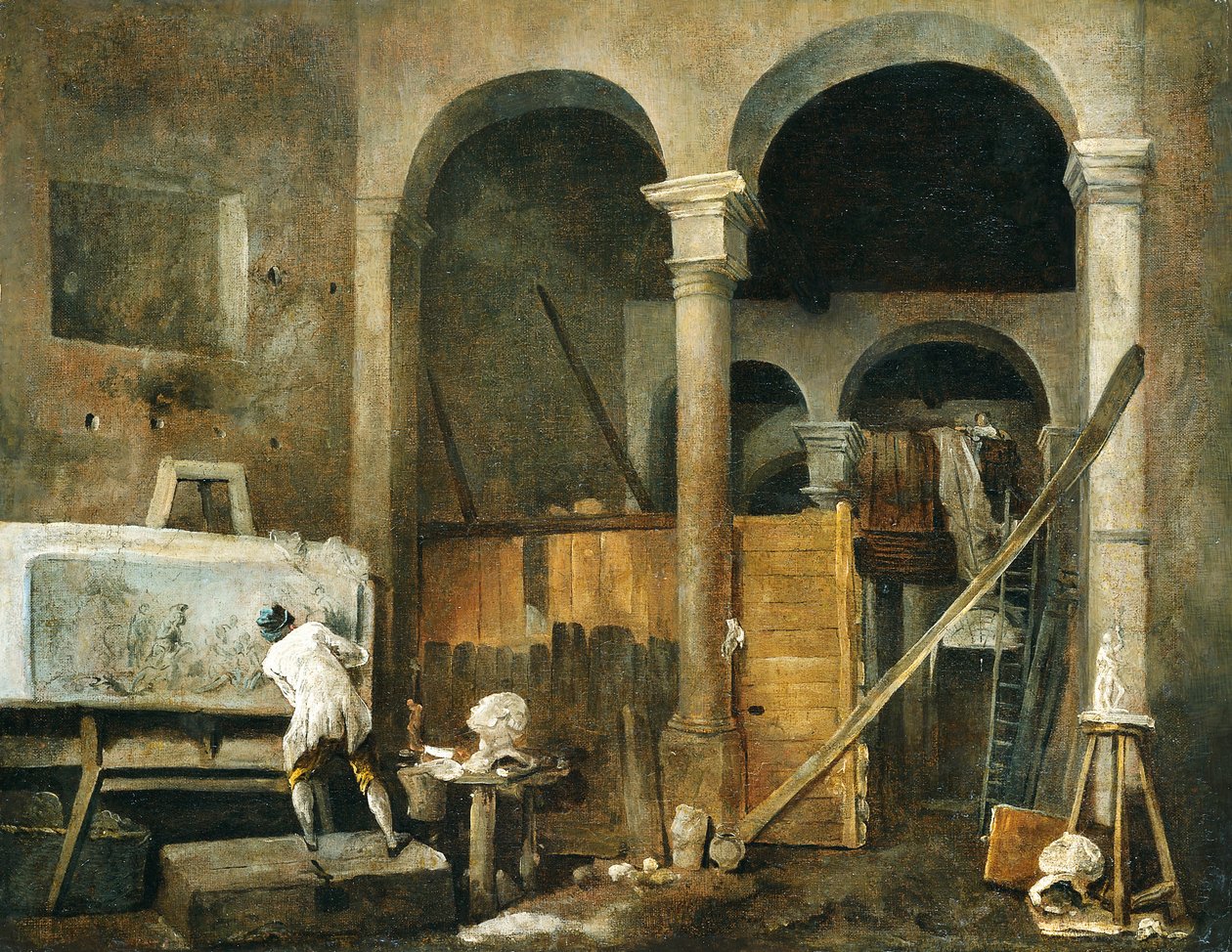 艺术家的工作室，约 1760 年（布面油画） 作者 休伯特·罗伯特