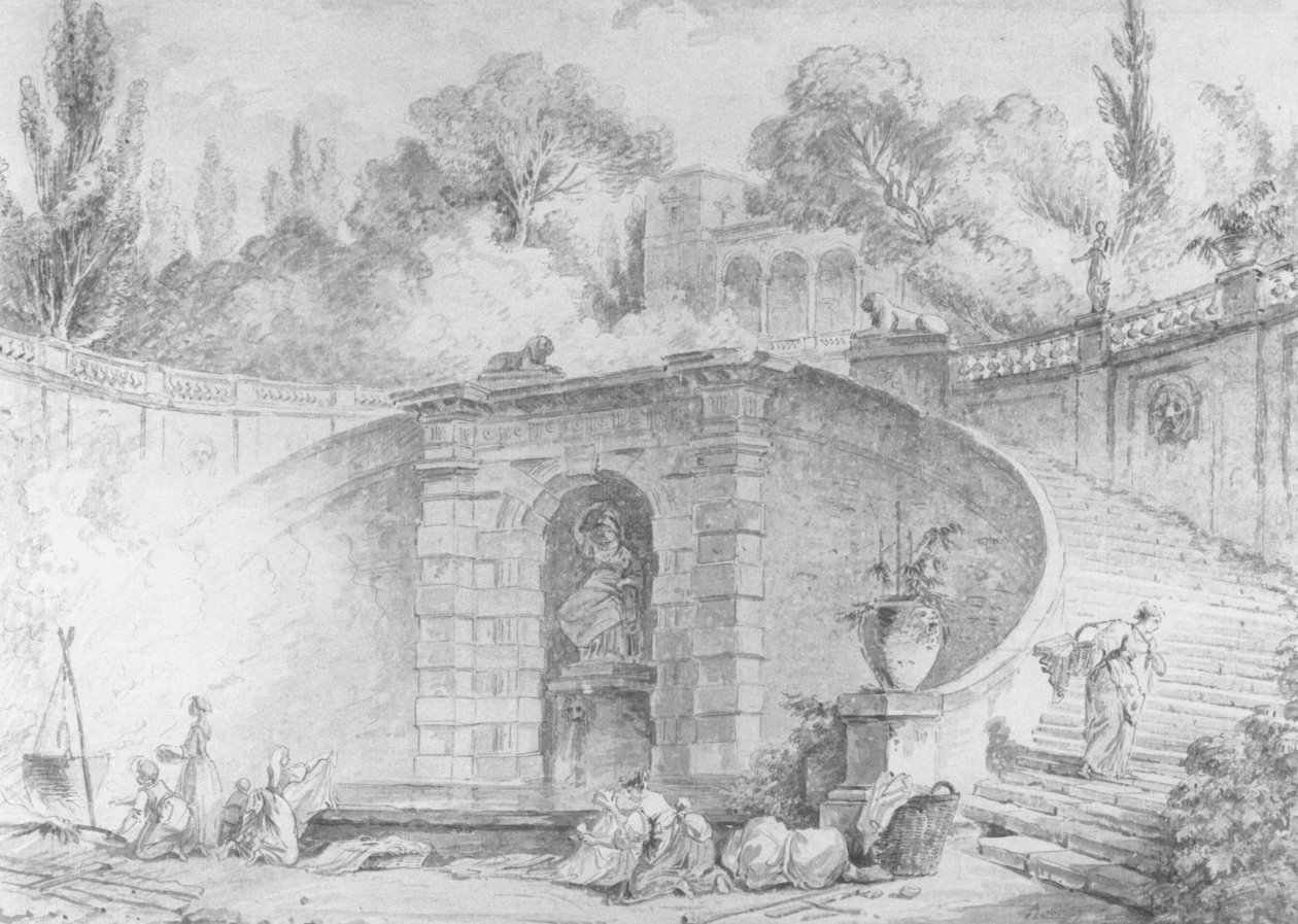 大型楼梯，1761-1765（钢笔和黑色墨水，刷子和灰色水洗和黑色粉笔上的水彩画在白色纸上留下水印） 作者 休伯特·罗伯特