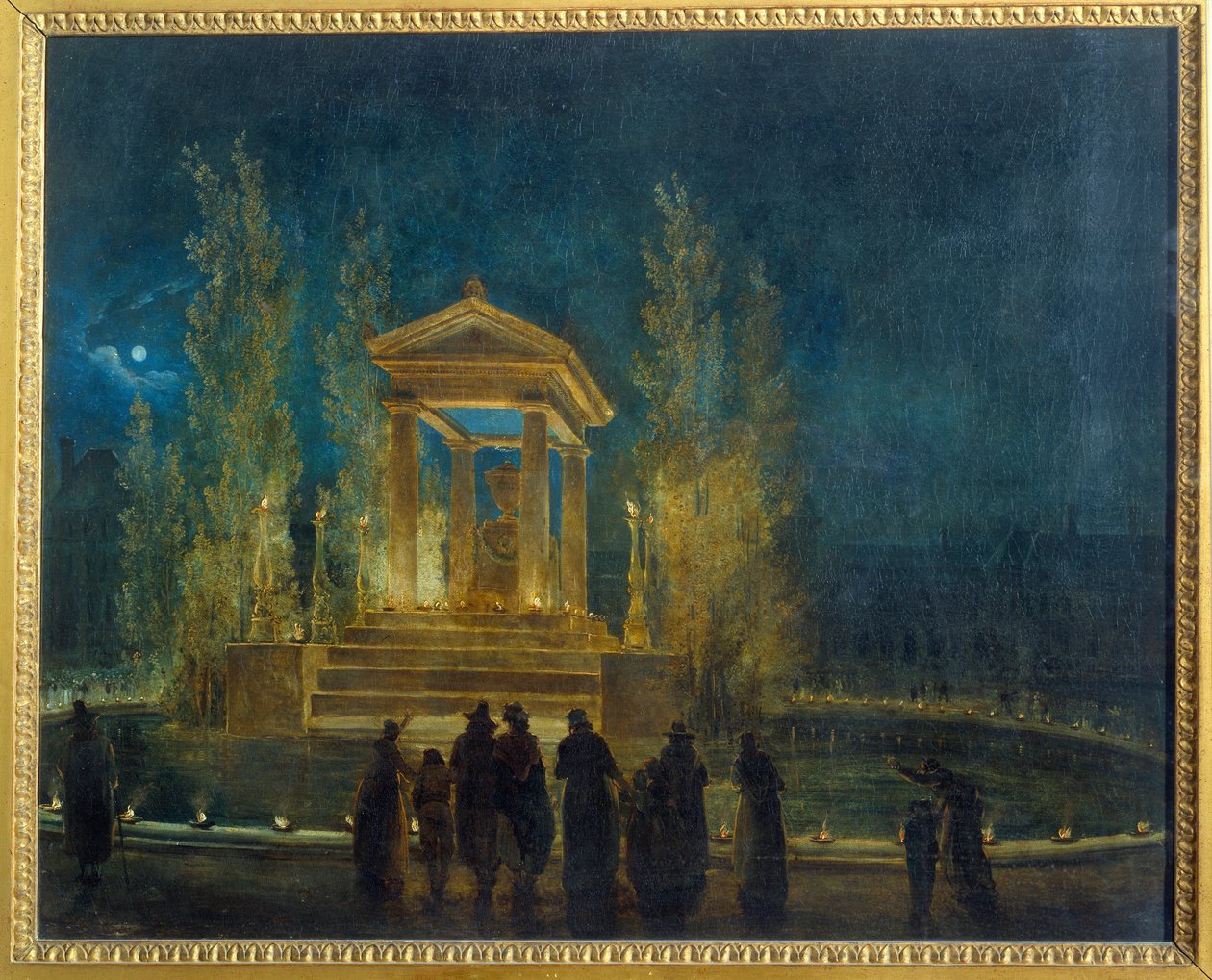 让·雅克·卢梭 (Jean Jacques Rousseau) (1712-1778) 在他的骨灰被翻译成休伯特·罗伯特 (Hubert Robert) (1733-1808) 1794 年的万神殿绘画之前，在杜伊勒里 (Tuileries) 盆地的临时陵墓。 0,65x0,8 m 巴黎，Musee Carnavalet 作者 休伯特·罗伯特