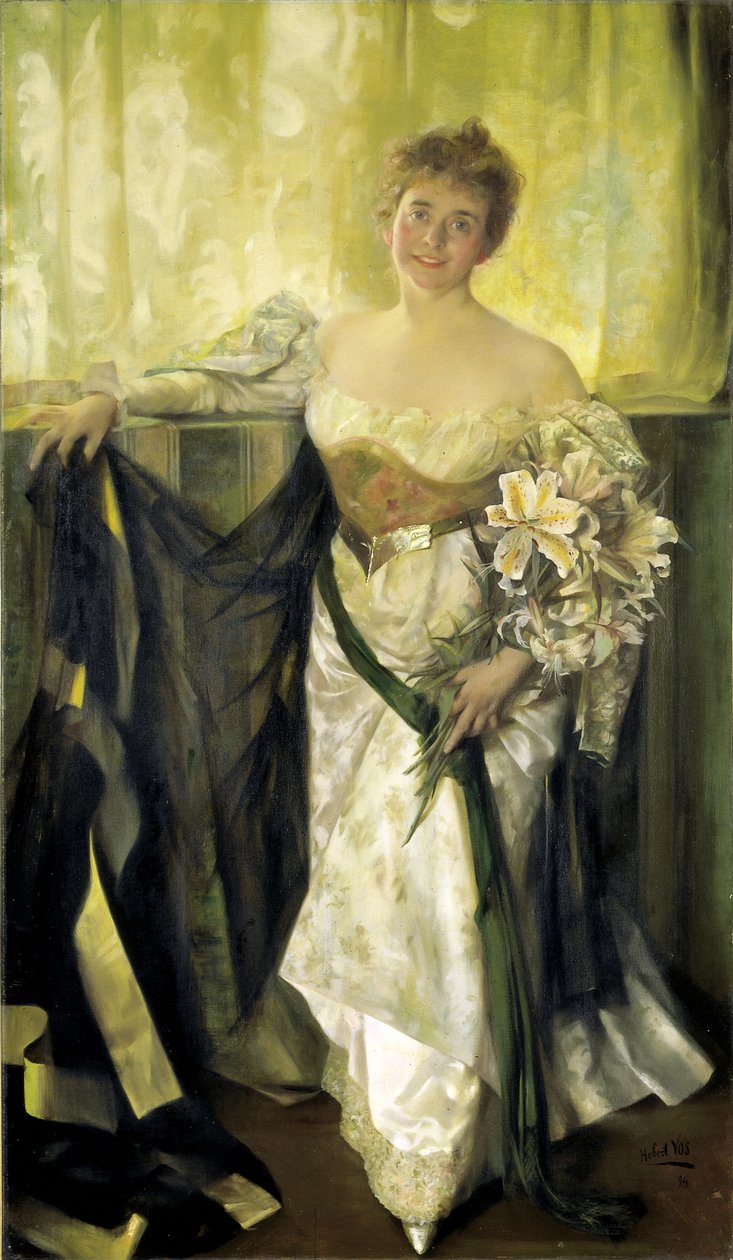 白缎子里的爱丽丝-巴尼，1894年。 作者 休伯特·沃斯（Hubert Vos）