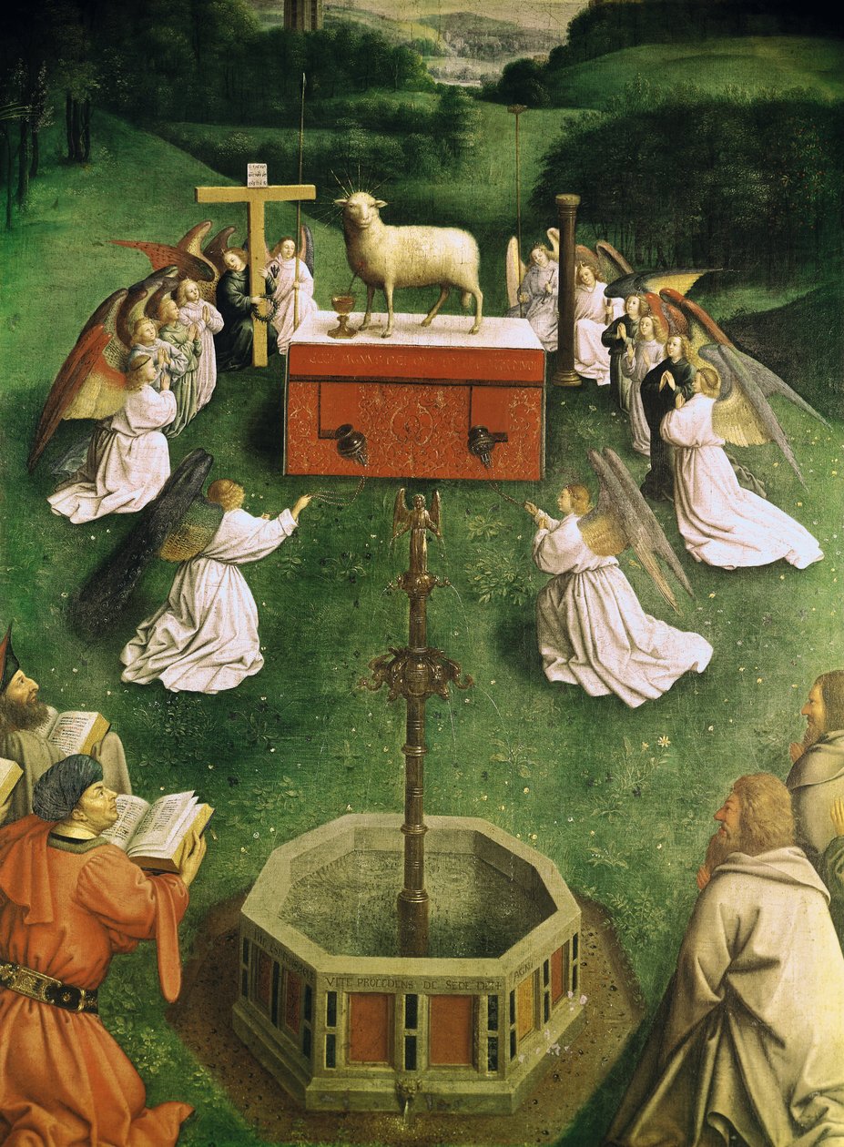 Copy of The Adoration of the Mystic Lamb, from the Ghent Altarpiece, lower half of central panel (oil on panel) (see also 166057) 作者 休伯特和扬·凡·艾克