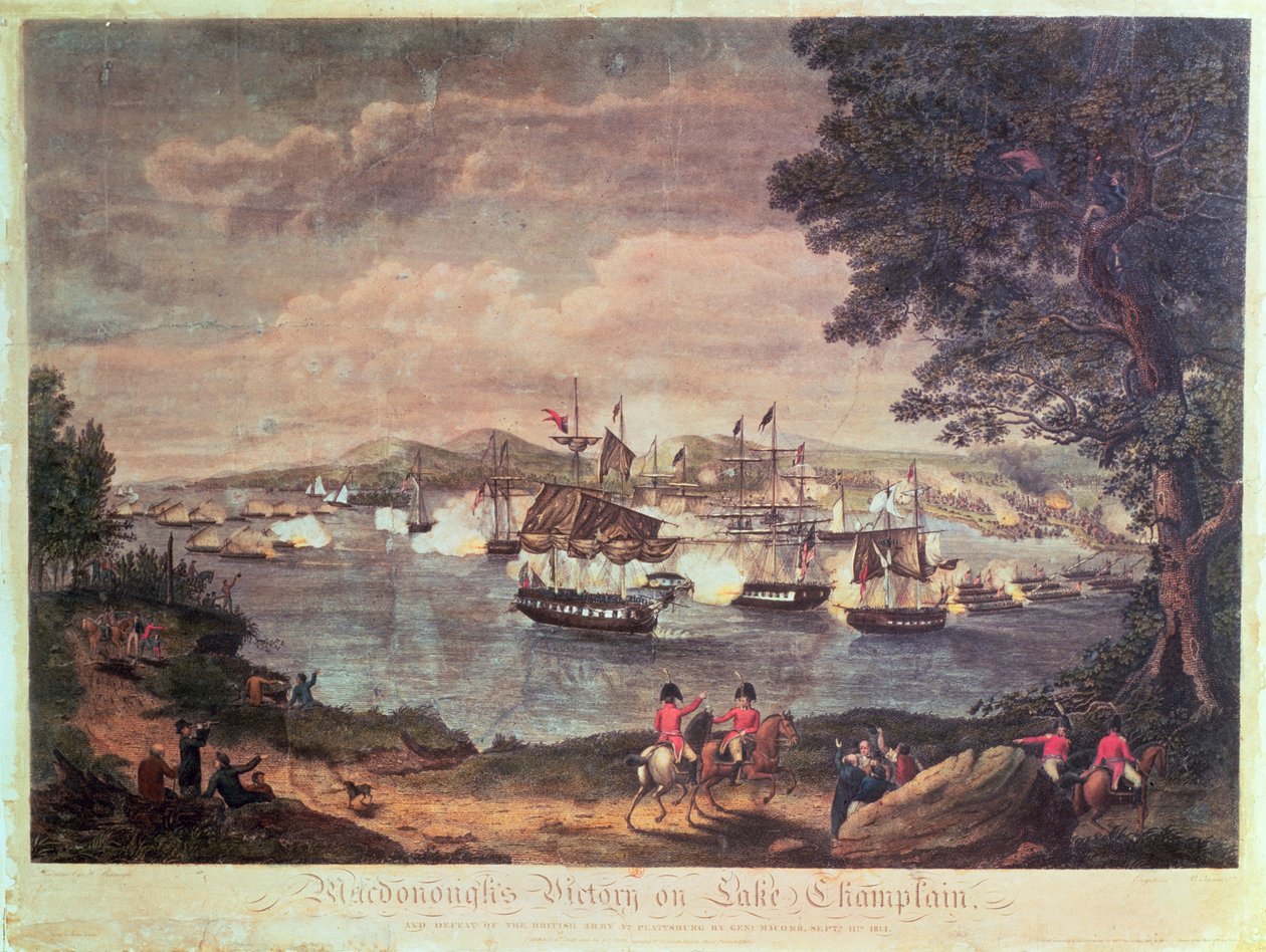 1816年9月11日，麦克多诺在尚普兰湖上取得胜利，并在普拉茨堡击败英国军队于1814年9月11日（彩色版画） 作者 休·雷纳格（Hugh Reinagle）