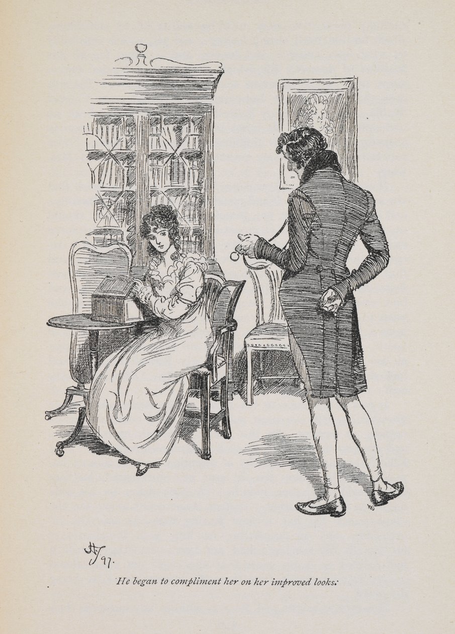 “他开始称赞她容貌的改善”，简·奥斯汀 1897 年小说（版画） 作者 休·汤姆森
