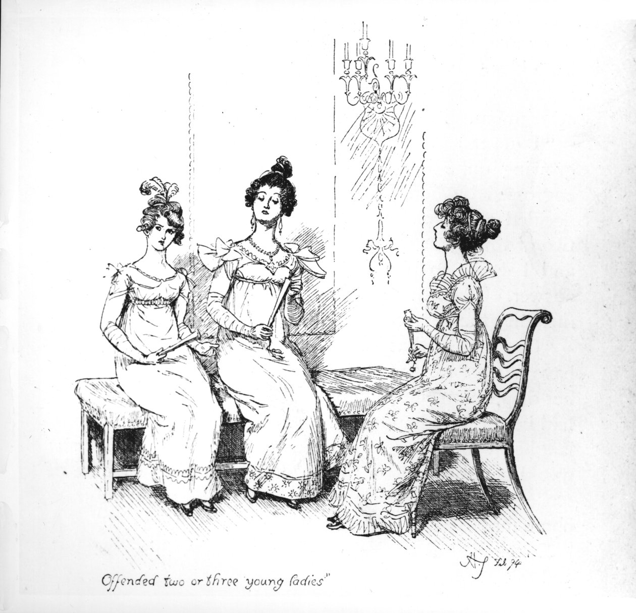 &39;冒犯了两三个年轻女士&39;，来自&39;Pride and Prejudice&39;的彬格莱姐妹，简·奥斯汀，1894年（雕刻）（bw照片） 作者 休·汤姆森