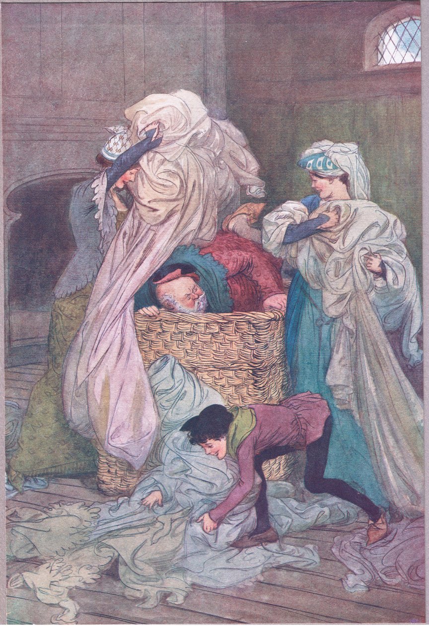 “他们用肮脏的亚麻布盖住他”，来自《温莎的风流妻子》的插图 作者 休·汤姆森