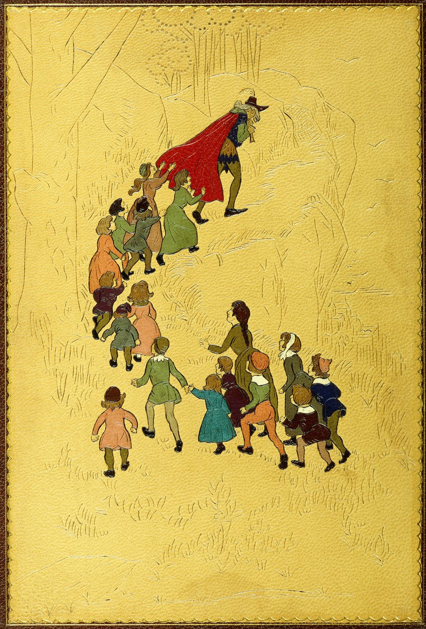 上盖，配以吹笛者的插图，后跟儿童，1893年 作者 休·汤姆森