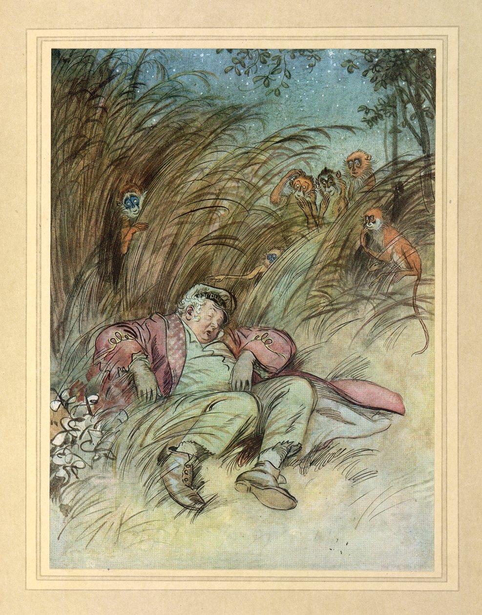 被猴子监视，选自 J. M. Barrie 的《令人钦佩的克赖顿》。 作者 休·汤姆森
