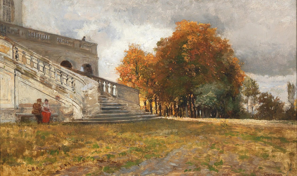 Rast am Fue der Schlossstiege Lustschloss Solitude in Baden-WurttembergnEnglish：在城堡的底部休息步骤城堡孤独在巴登 - 符腾堡州 作者 雨果·查勒蒙特