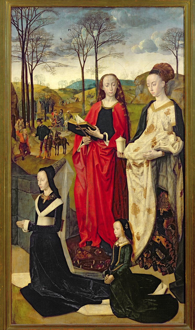 Portinari Altarpiece，St。Mary Magdalen和St. Margaret与Maria Baroncelli和女儿Margherita Portinari，右翼，c.1479 作者 雨果范德高斯
