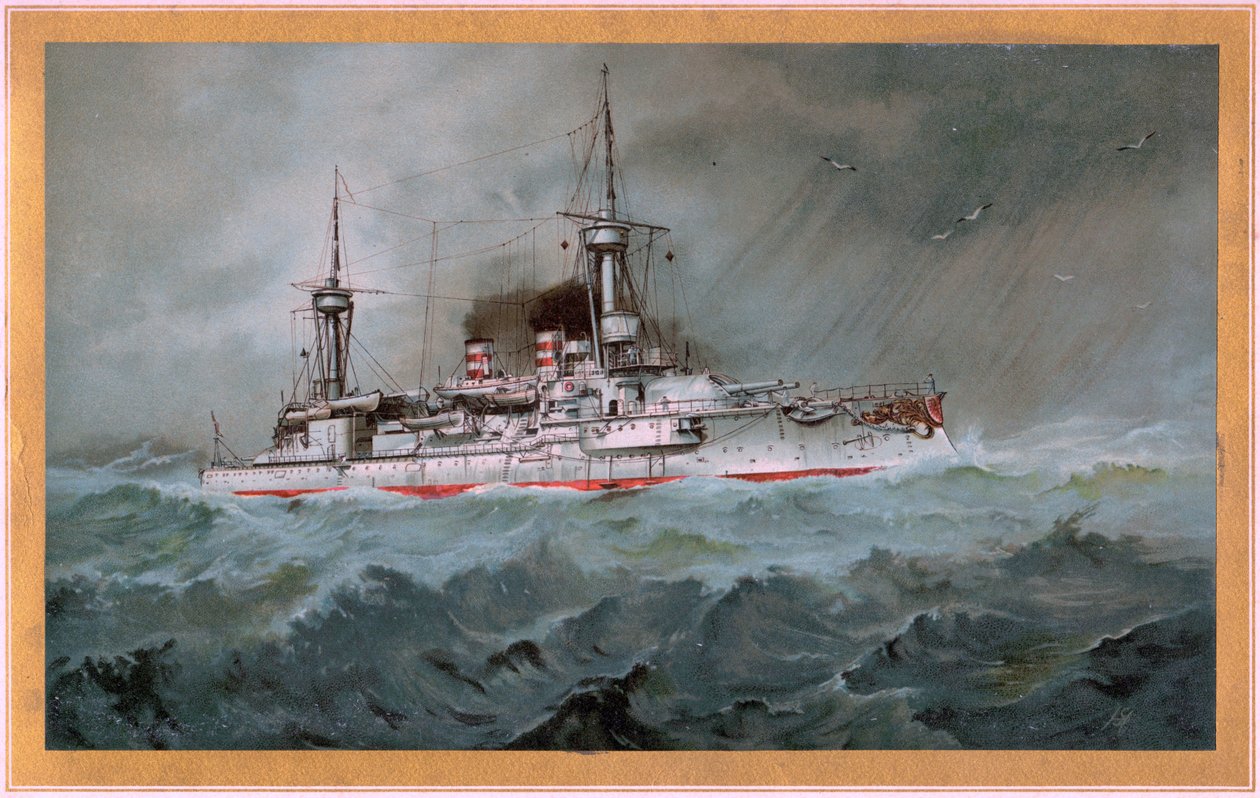 S.M.S. Linienschiff Brandenburg（国徽为白盾上的红鹰，S.M.S. Wörth=金盾上的黑帝王鹰）。 作者 雨果·格拉夫（Hugo Graf）