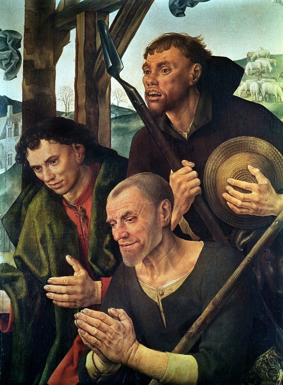 牧羊人的头像，Portinari Altarpiece中央面板的细节，c.1479（细节9619） 作者 雨果范德高斯