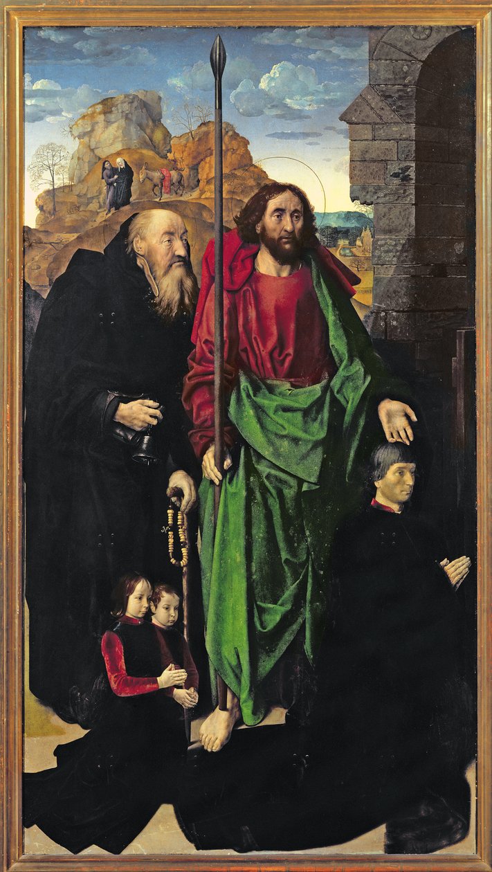 Portinari祭坛画，圣托马斯和圣安东尼隐士与Tommaso Portinari和两个儿子Antonio和Pigello，左翼，c.1479 作者 雨果范德高斯