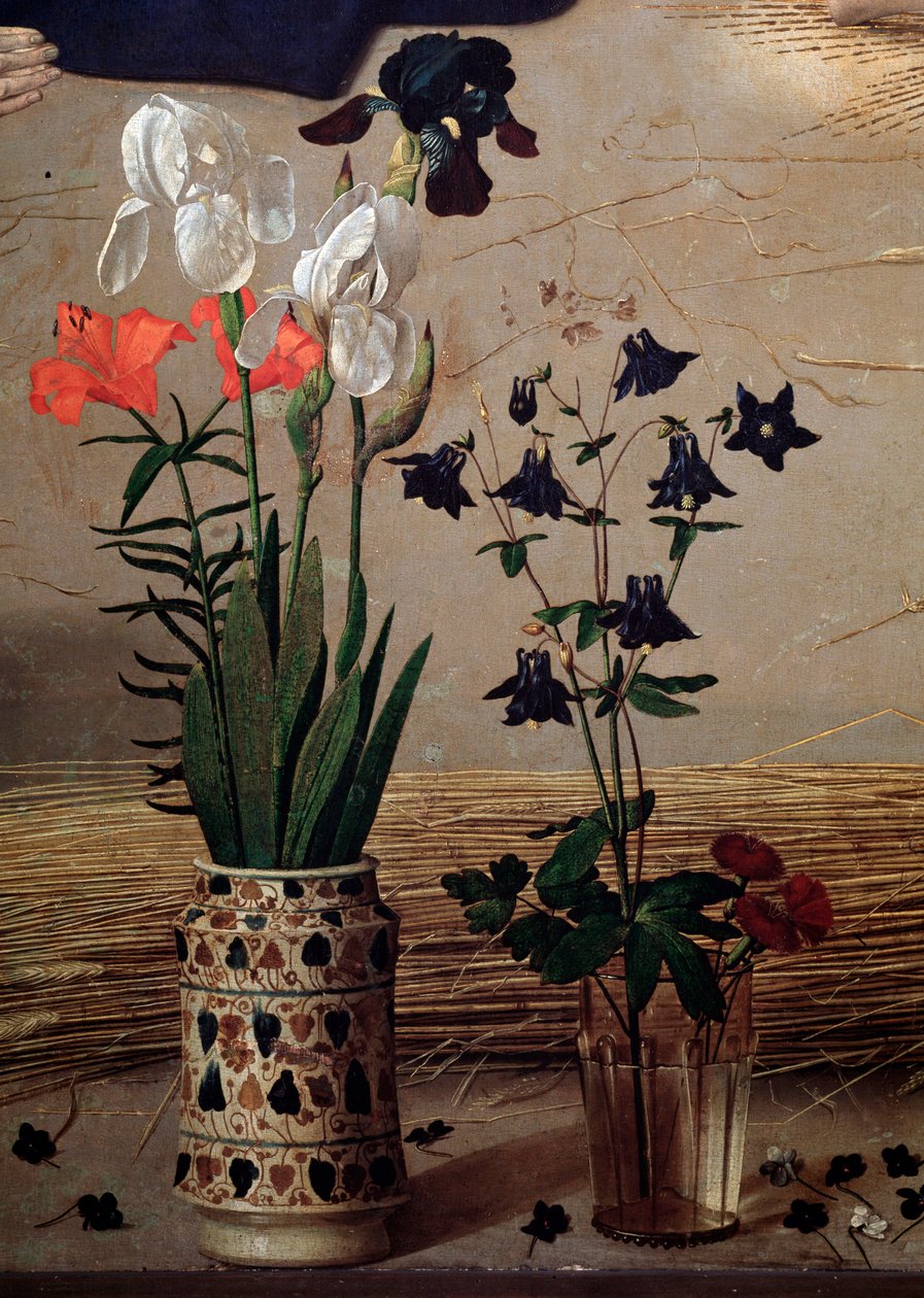 三联画 Portinari：花的中心细节 - 面板上的油 作者 雨果范德高斯