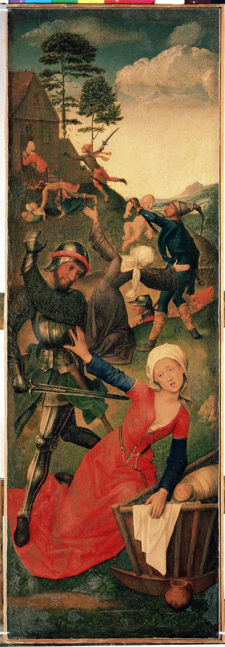 《贤士来朝》三联画：“屠杀无辜者”右图。 Hugo van der Goes (1435-1482) 15 世纪木画尺寸 96.3x109.2 厘米 艾尔米塔什博物馆，圣彼得堡 作者 雨果范德高斯