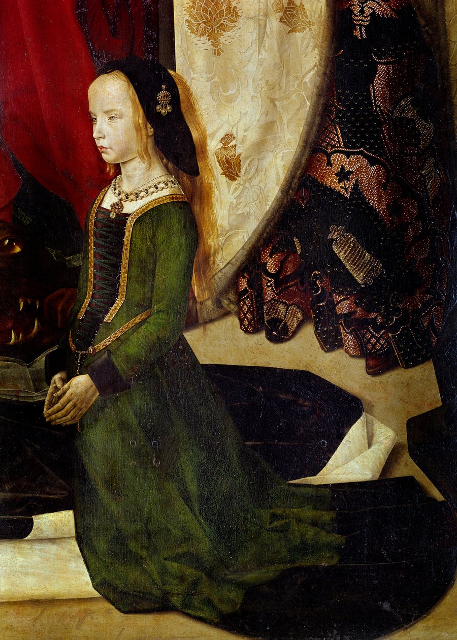 Portinari 细节的胰蛋白酶代表一个年轻女孩在祈祷。 Hugo van der Goes (1440-1482) 的绘画。 约 1475 H/B。 253x304 厘米。 Galleria degli Uffizi（办公室），佛罗伦萨。 作者 雨果范德高斯