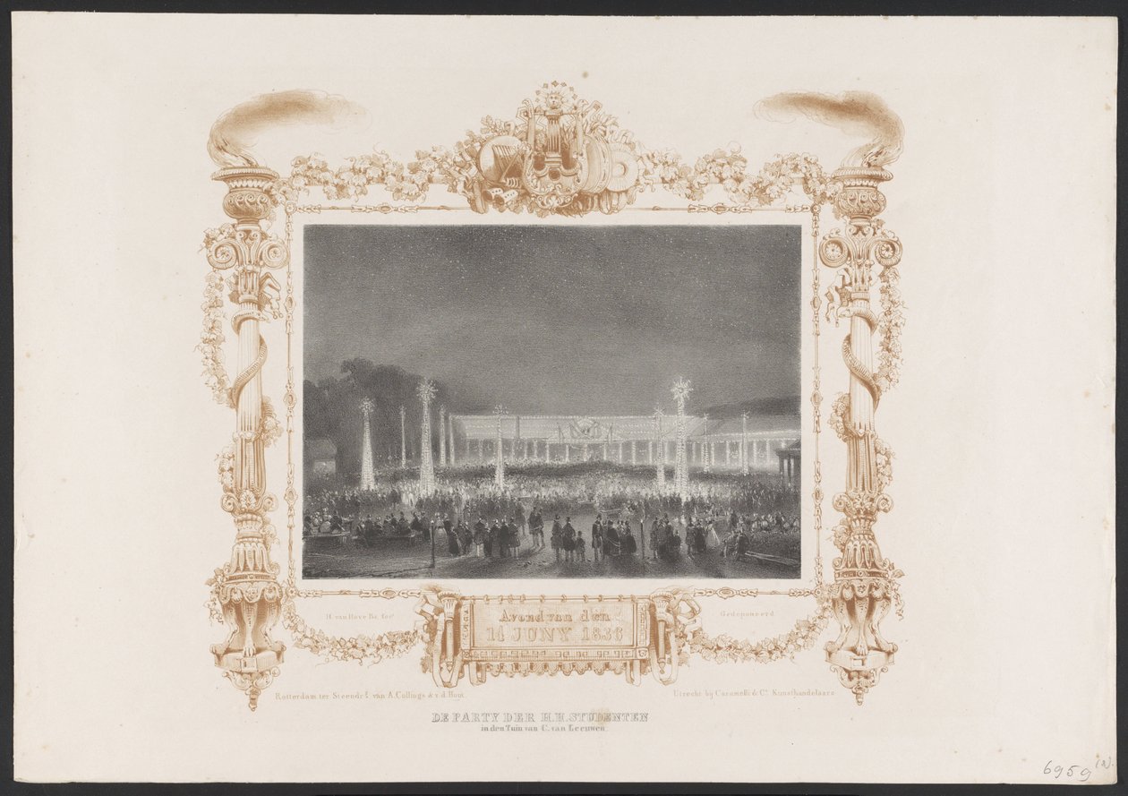 学生晚会，1836 年
De Party der H.H. Studenten in den Tuin van C. van Leeuwen / 1836 年 6 月 14 日晚（标题见实物）
乌特勒支大学二百周年庆典插图，1836 年（系列标题） 作者 休布·范霍夫 Bz