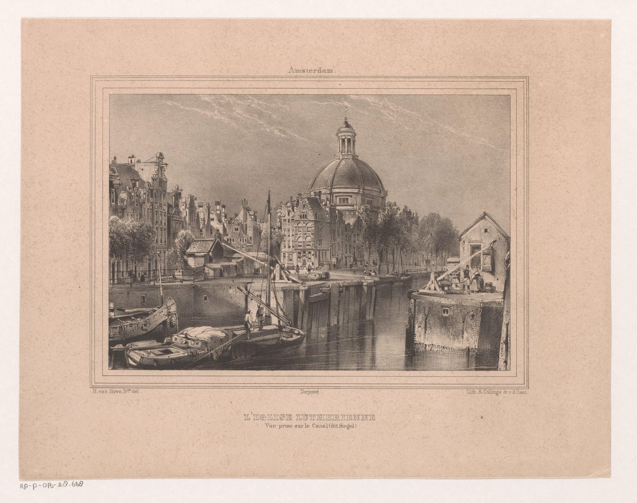 看看 Stromarkt、het Singel 和 de Lutherse kerk 路德教会。 在运河上拍摄的景观（称为 Singel）（对象上的标题） 阿姆斯特丹八景纪念品，由 H. van Hove Bz 从大自然中绘制和版画。 （系列标题） 作者 休布·范霍夫 Bz