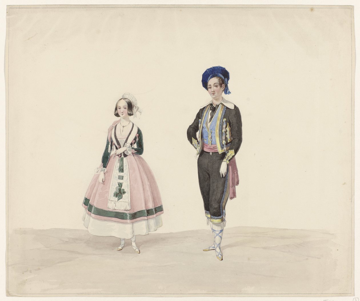 身着历史服饰的男女，1841 年
六幅 1841 年化妆舞会历史服饰水彩画（系列标题） 作者 休布·范霍夫 Bz