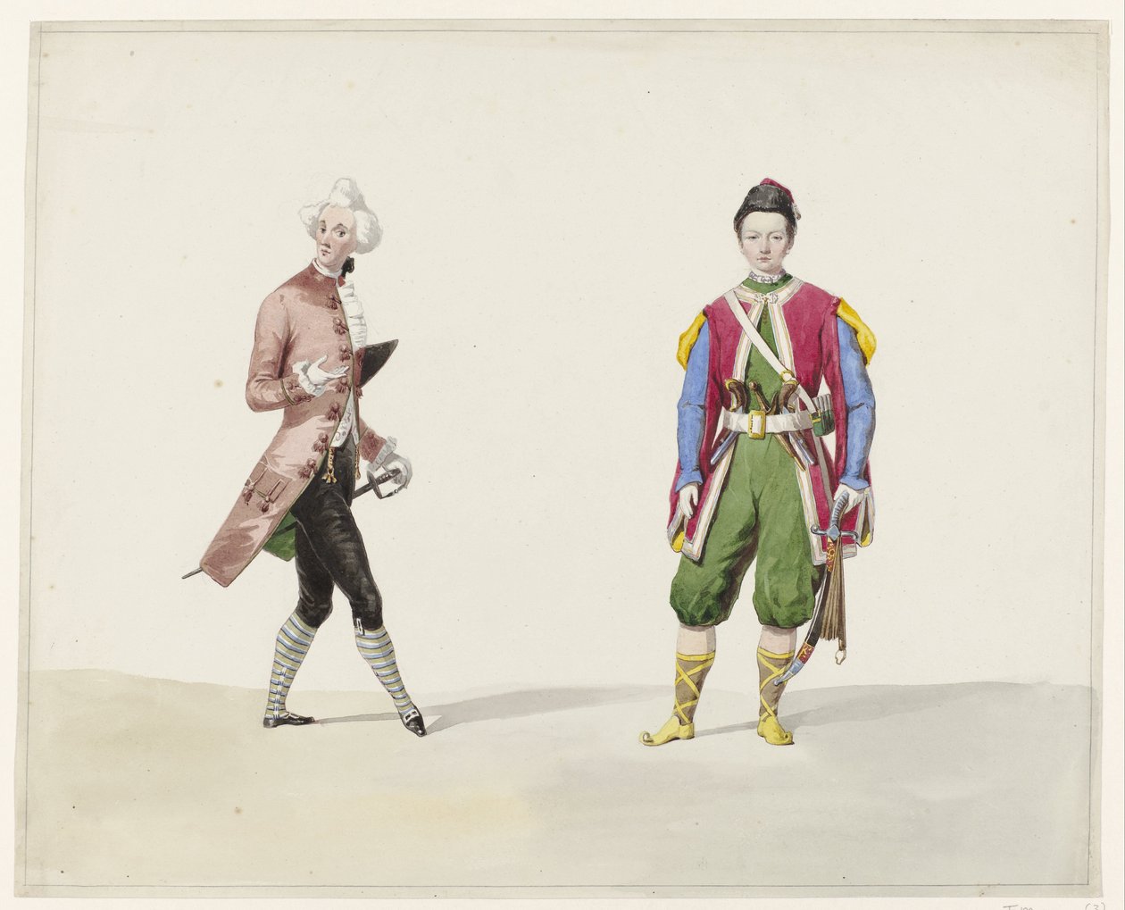 两位身着历史服饰的男子，1841 年
六幅 1841 年化妆舞会历史服饰水彩画（系列标题） 作者 休布·范霍夫 Bz