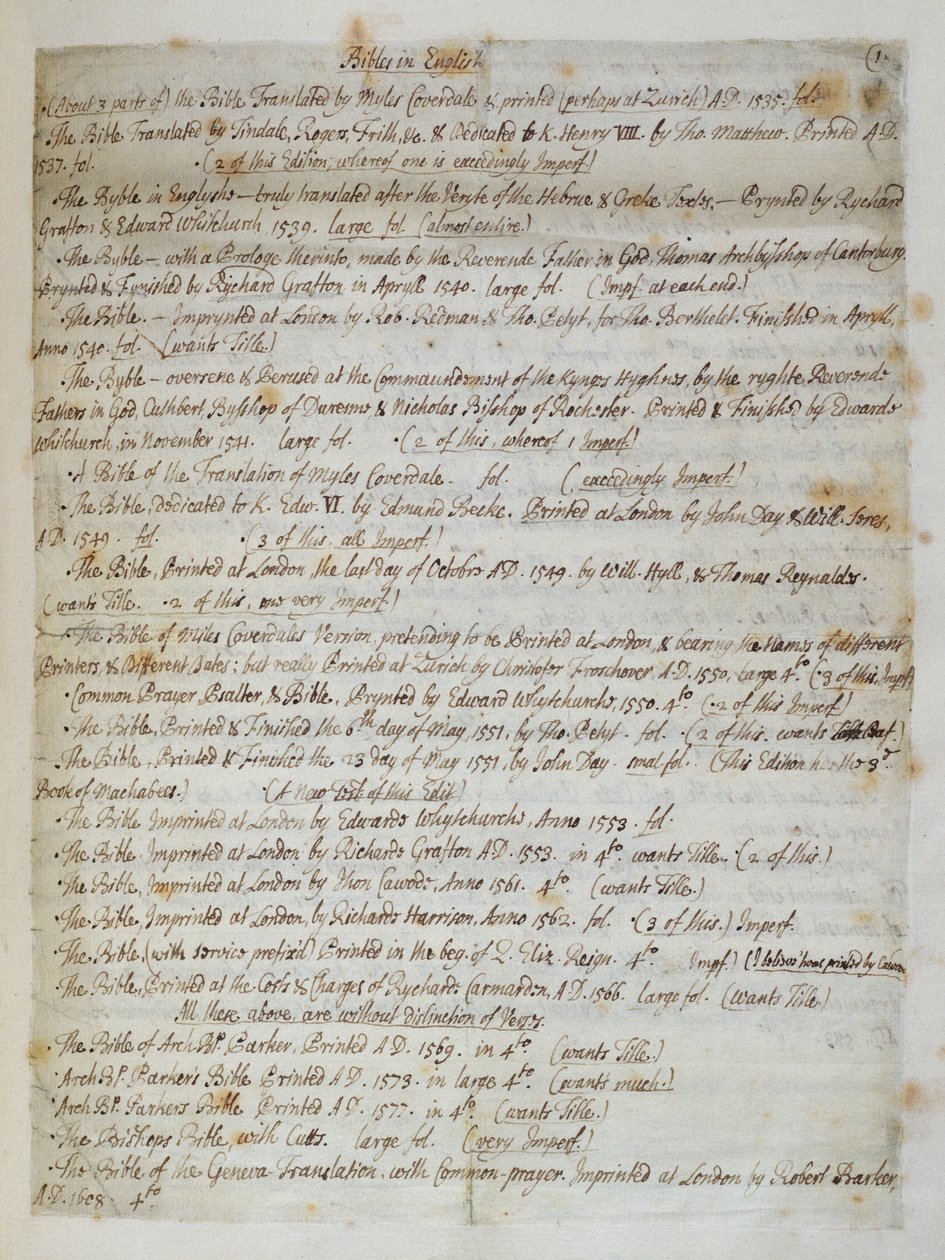 CF57女士在圣保罗大教堂的圣经目录，1707年 作者 汉弗莱·万利（Humphrey Wanley）