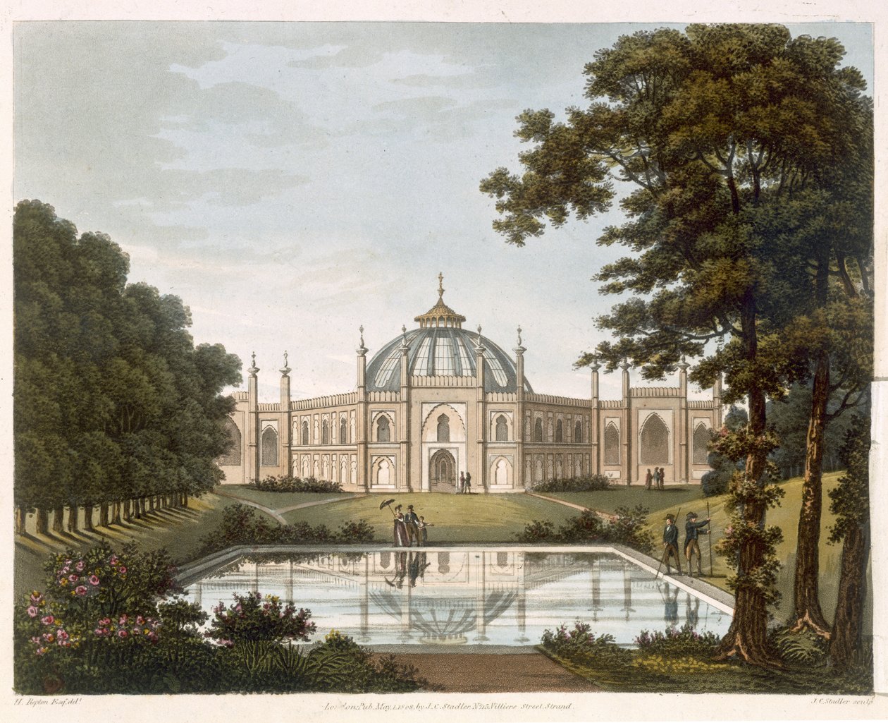 布莱顿馆（Brighton Pavilion）：建于背景中的布莱顿馆（Brighton Pavilion）部分的花园景观，由JC Stadler雕刻，1816年 作者 汉弗莱·雷普顿