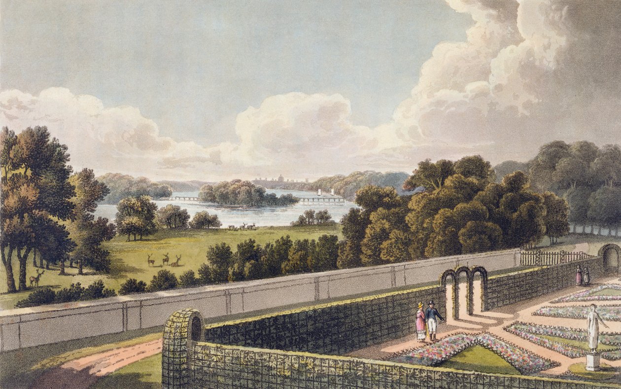 从伦敦附近别墅的门廊看，1816年的“景观园艺理论与实践碎片”（aquatint） 作者 汉弗莱·雷普顿