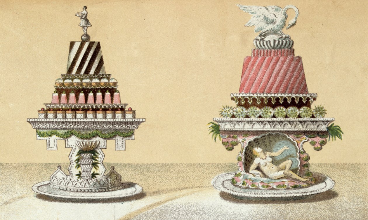 设计演示Charlottes a la Reine＆Pain de Framboises a la Leda，来自匈牙利法国烹饪烹饪书的插图，c.1880 作者 匈牙利学校
