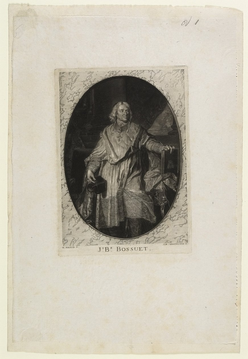 JB Bossuet（全长），由Jean-Baptiste de Grateloup雕刻，1771年（mezzotint，aquatint＆drypoint on chine pasted） 作者 风信子 Francois Rigaud