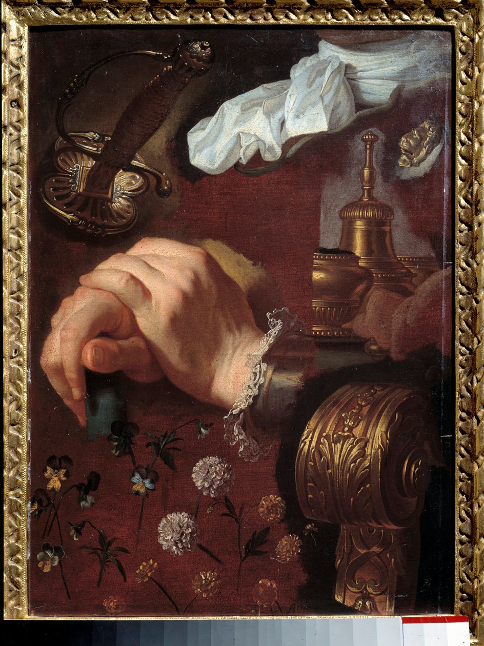 Phunziro la manja owoloka, nsalu, maluwa, belu, epee Kujambula ndi Hyacinthe Rigaud (1659-1743) 18th century Rouen, Musee des Beaux Arts 作者 风信子 Francois Rigaud