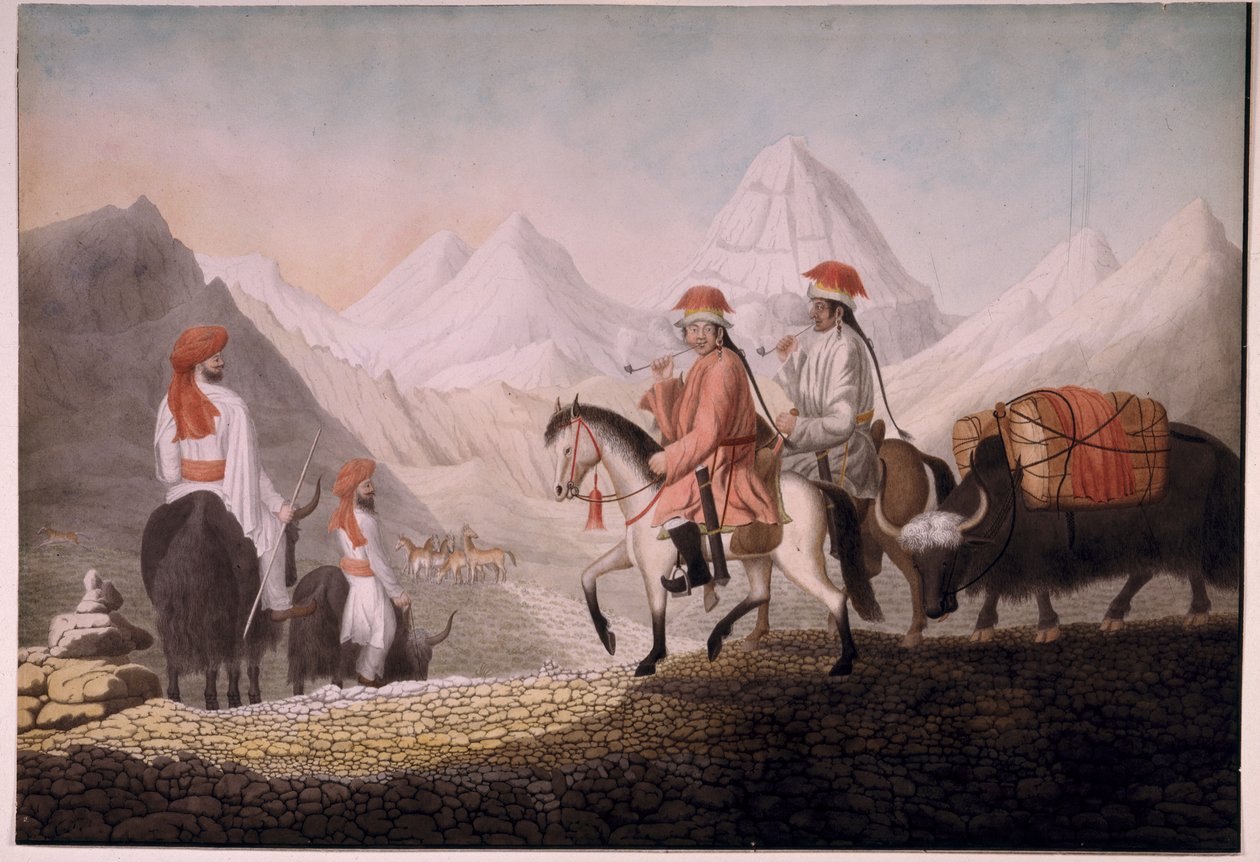 威廉-莫克罗夫特和赫西在通往曼萨罗瓦湖（西藏）的路上，1812 年（纸面水彩画） 作者 海德·琼·赫尔西