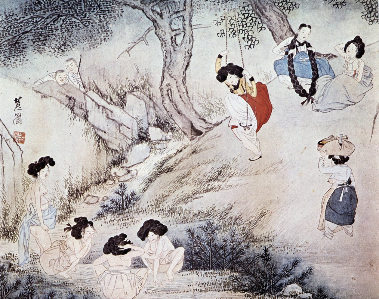 户外的妇女（在河里洗澡和秋千）和两个男人看着她们，克里 - 由惠月，李朝 作者 惠元