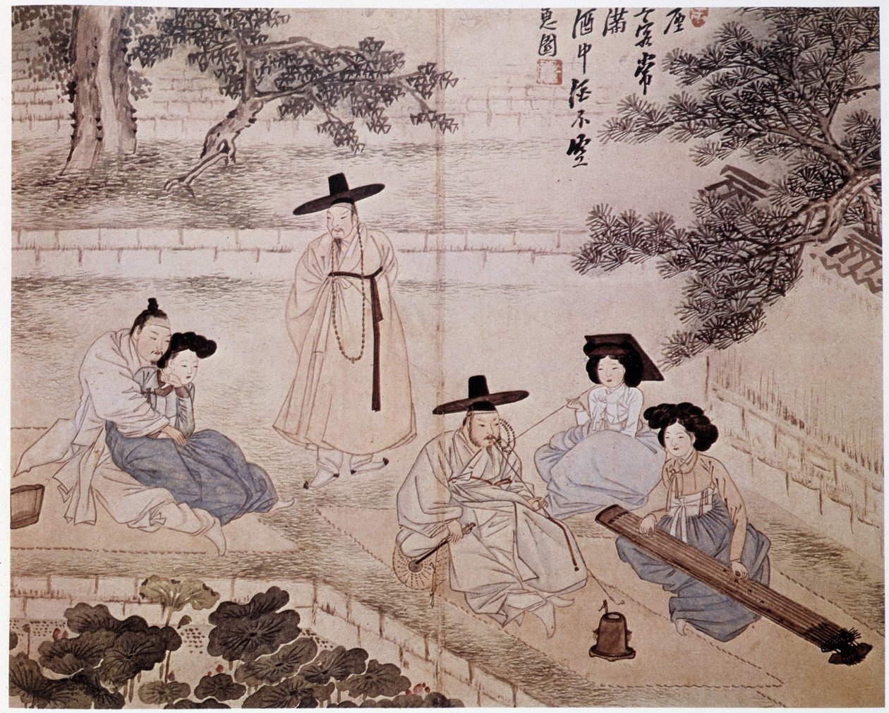 花园中的音乐、熏香和情侣，朝鲜 - 李朝 Hye-Wol 作 作者 惠元