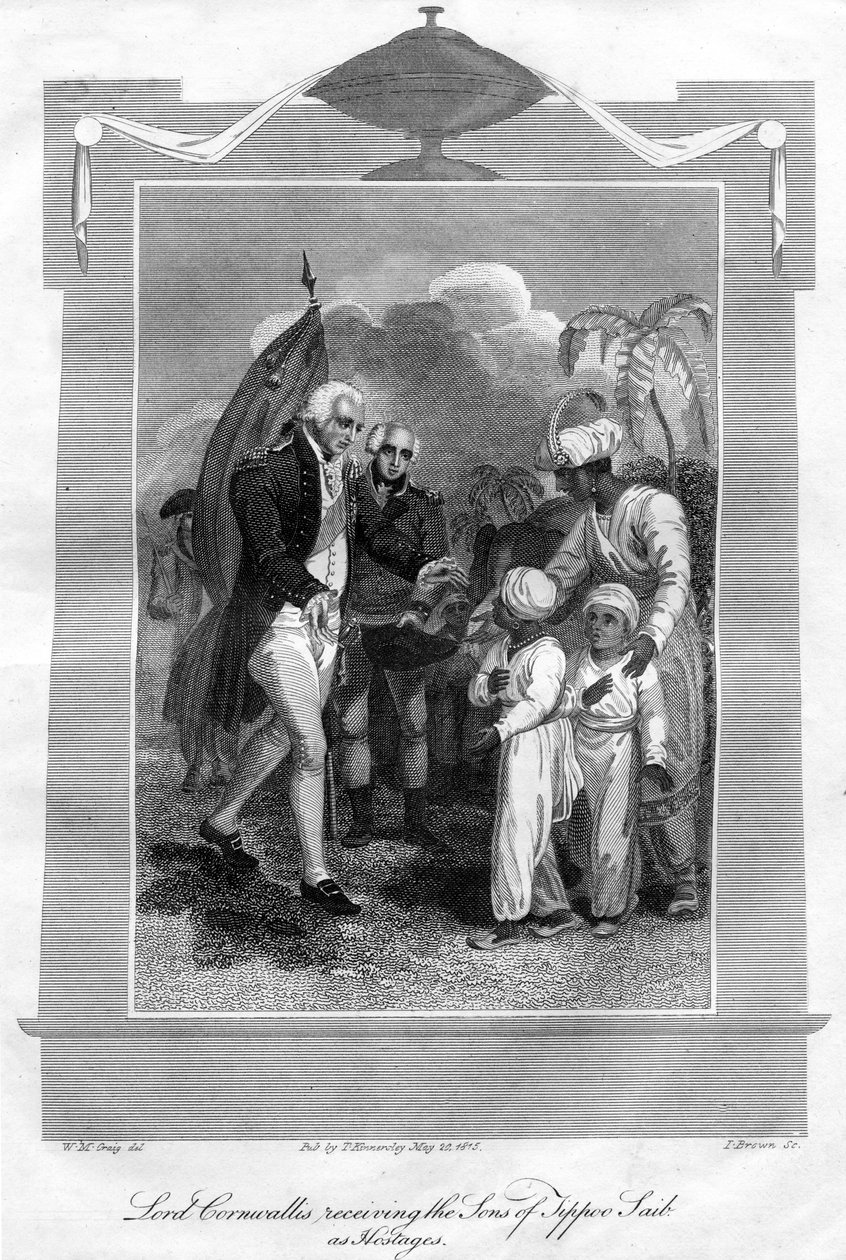 康沃利斯勋爵（Lord Cornwallis）1738-1805年将Tippoo Saib的儿子当作人质，1816年。 作者 一布朗