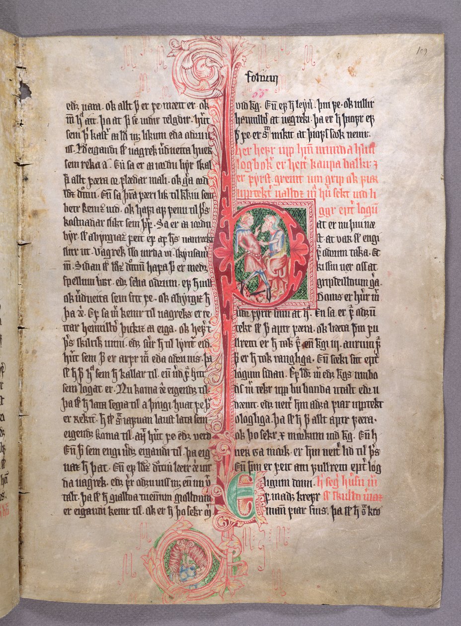 历史上的初始P描绘了两个商人，从贸易部分的开头，到Skarosbok（The Book of Skard）c.1350 作者 冰岛学校