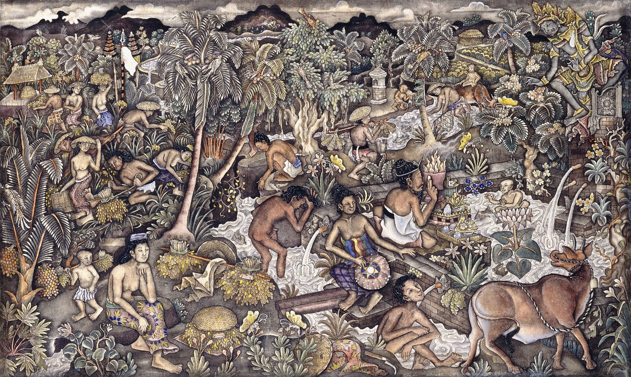 巴厘岛生活，c.1940（粗棉布油画） 作者 艾达·巴古斯·肯宾