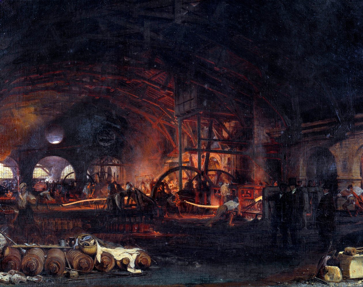 工业革命：“La Grande forge de Fourchambault”，Francois Bonhomme (1809-1881) 1839 年的绘画细节。 Fourchambault 作者 伊格纳斯·弗朗索瓦·博霍姆