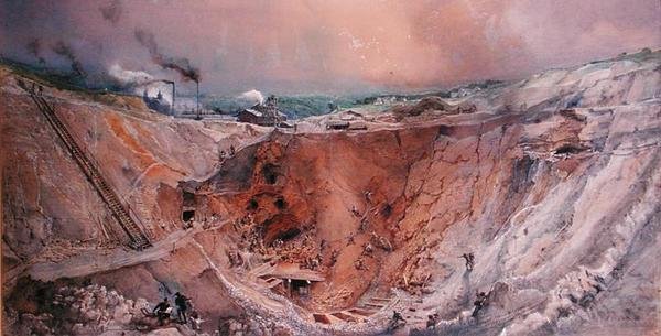旧山区的露天采矿，Saone et Loire，c.1854（纸上wc） 作者 伊格纳斯·弗朗索瓦·博霍姆
