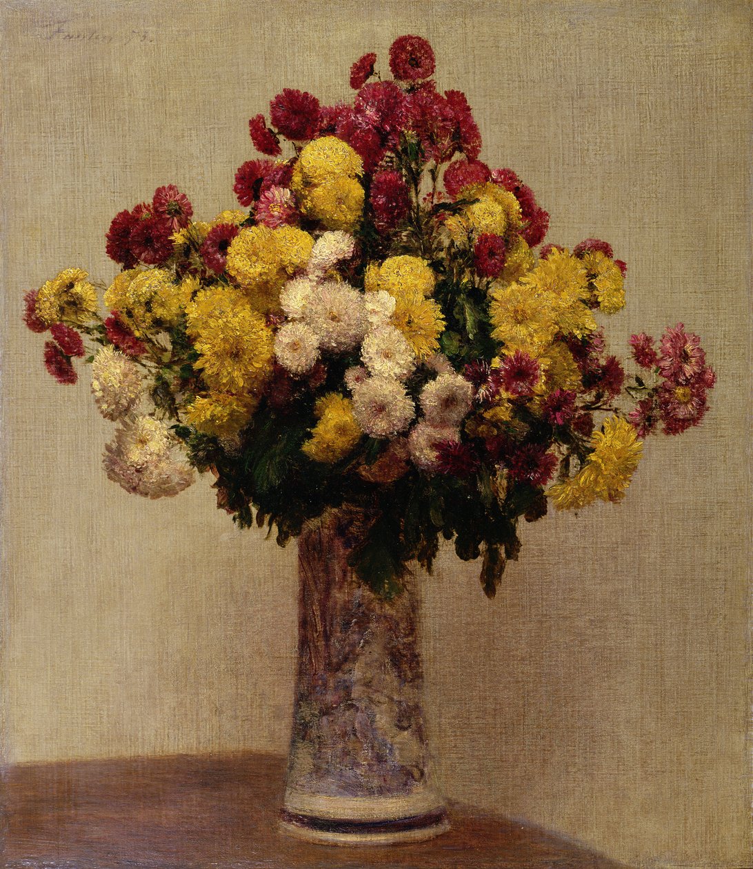 花瓶里的菊花，1873年 作者 伊格纳斯·亨利·让·范坦·拉图尔