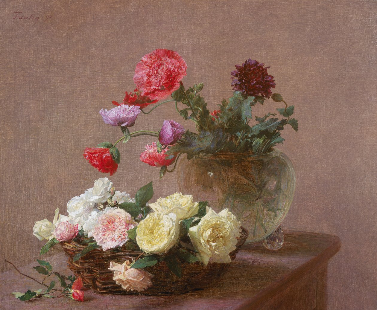 1890年，水晶花瓶或玫瑰花篮中的罂粟花 作者 伊格纳斯·亨利·让·范坦·拉图尔