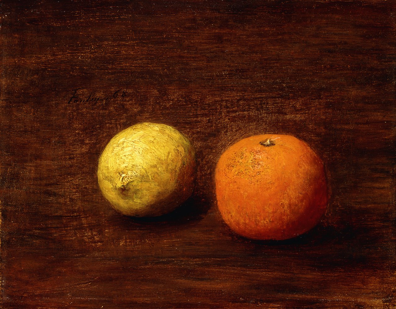 静物，柠檬和橙子；香Mor和橙子，自然莫尔特，1868年 作者 伊格纳斯·亨利·让·范坦·拉图尔