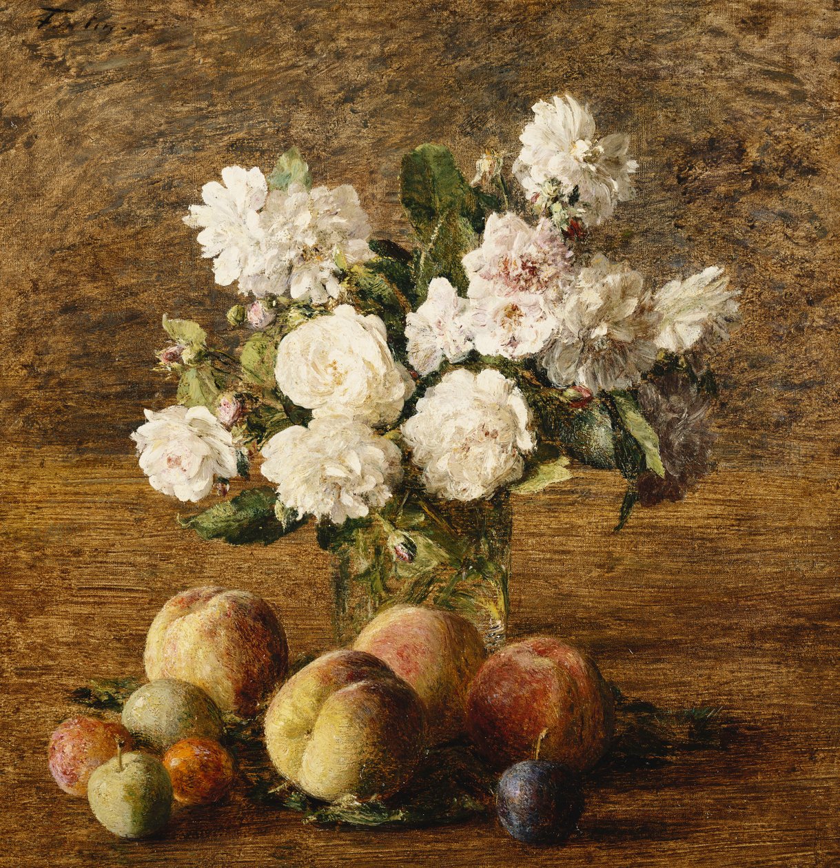 静物：玫瑰和水果； Nature Morte：《玫瑰与水果》，1878年 作者 伊格纳斯·亨利·让·范坦·拉图尔