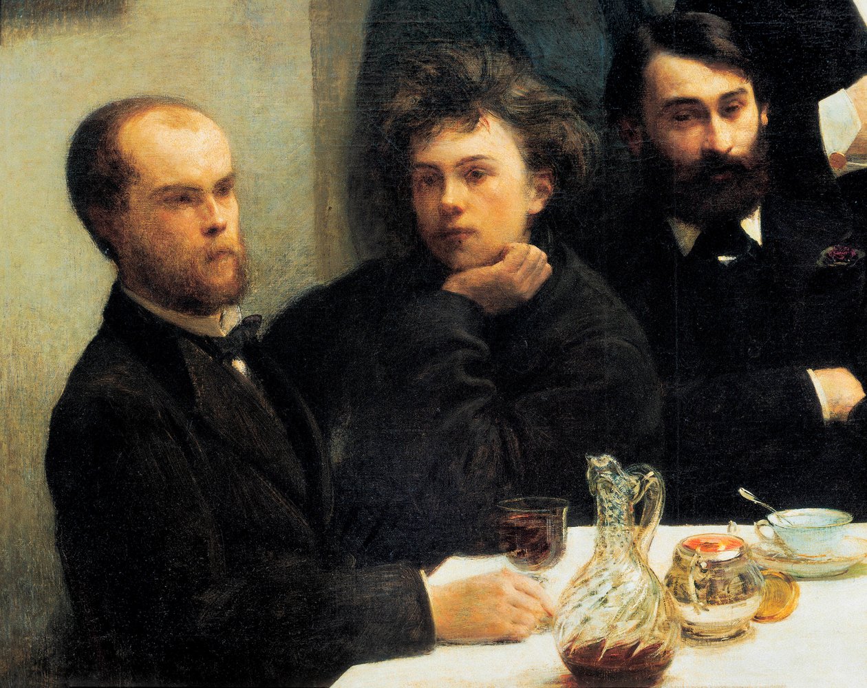桌角：从左到右：Paul Verlaine、Arthur Rimbaud、Elzear Bonnier。 （绘画，19世纪） 作者 伊格纳斯·亨利·让·范坦·拉图尔