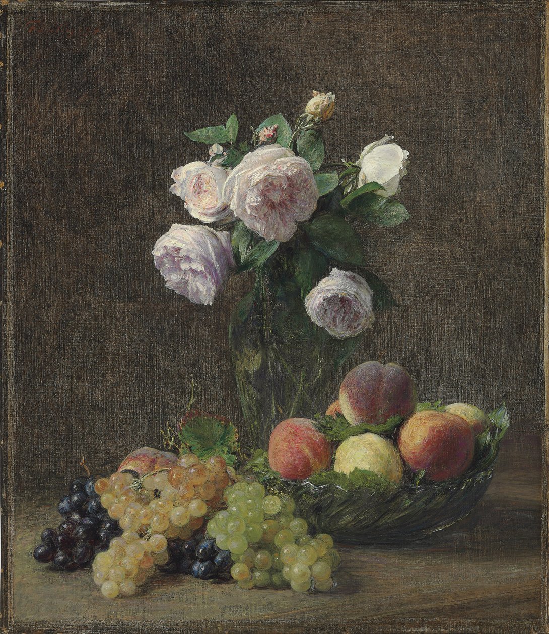 玫瑰，桃子和葡萄的花瓶，1894年 作者 伊格纳斯·亨利·让·范坦·拉图尔